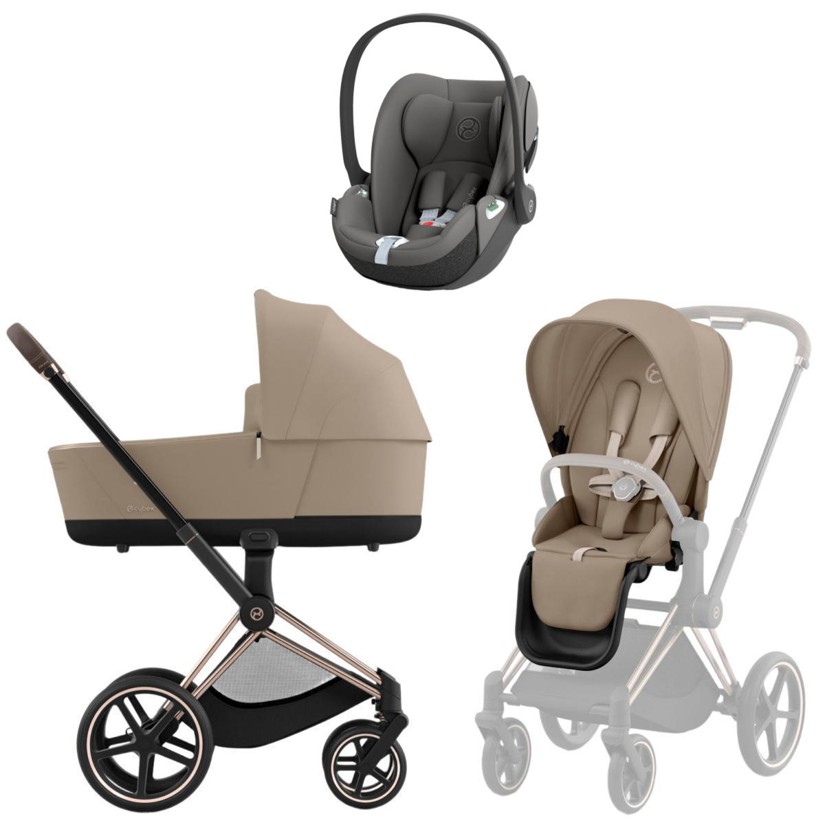 Коляска 3 в 1 Cybex Priam IV Rosegold Cozy Beige и автокресло Cloud T i-Size (Mirage Grey)