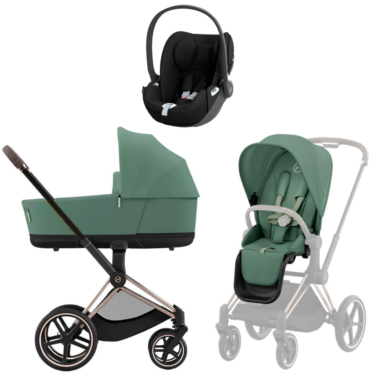 Коляска 3 в 1 Cybex Priam IV Rosegold Leaf Green и автокресло Cloud T i-Size (Sepia Black)