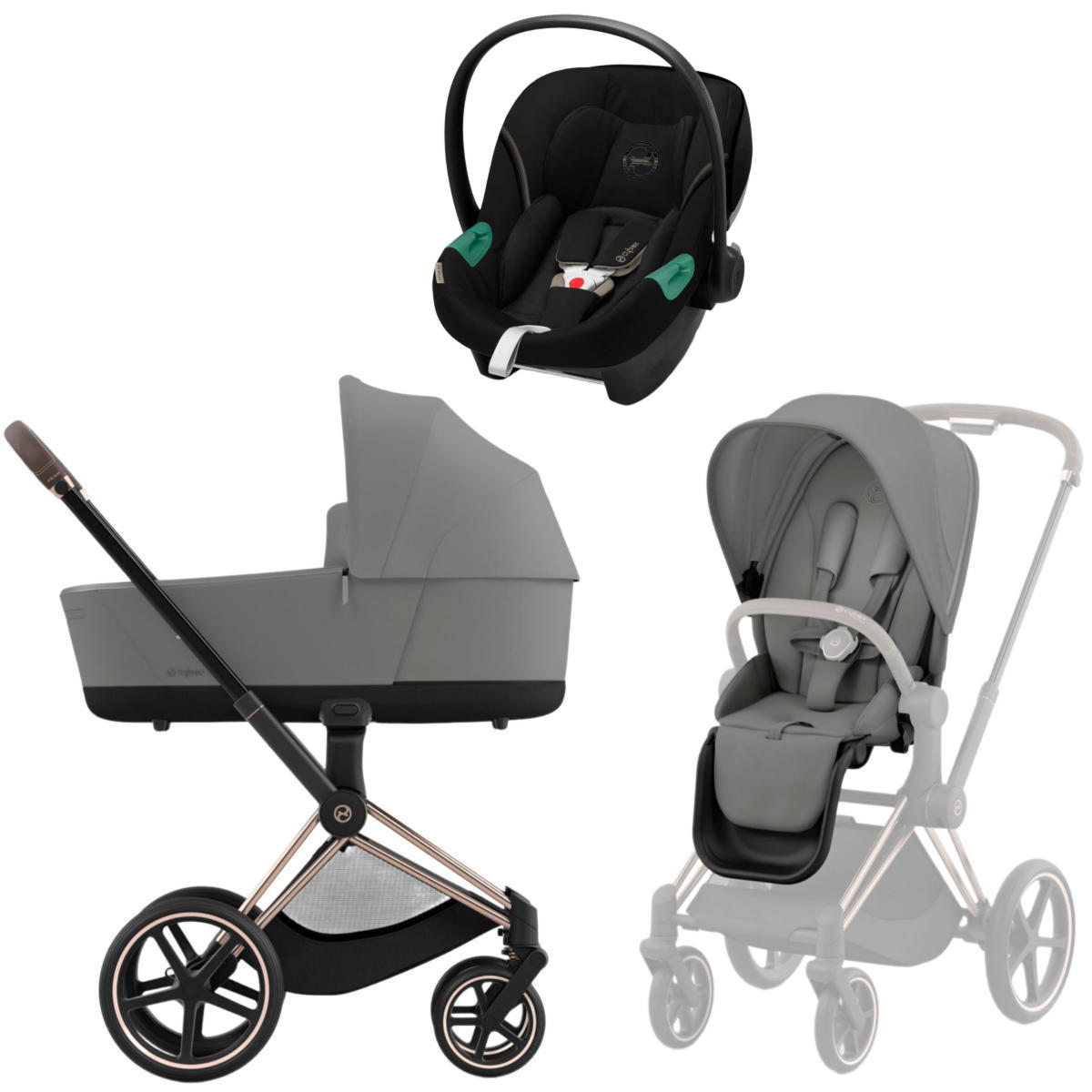 Коляска 3 в 1 Cybex Priam IV Rosegold Mirage Grey и автокресло Aton S2 i-Size (Moon Black)