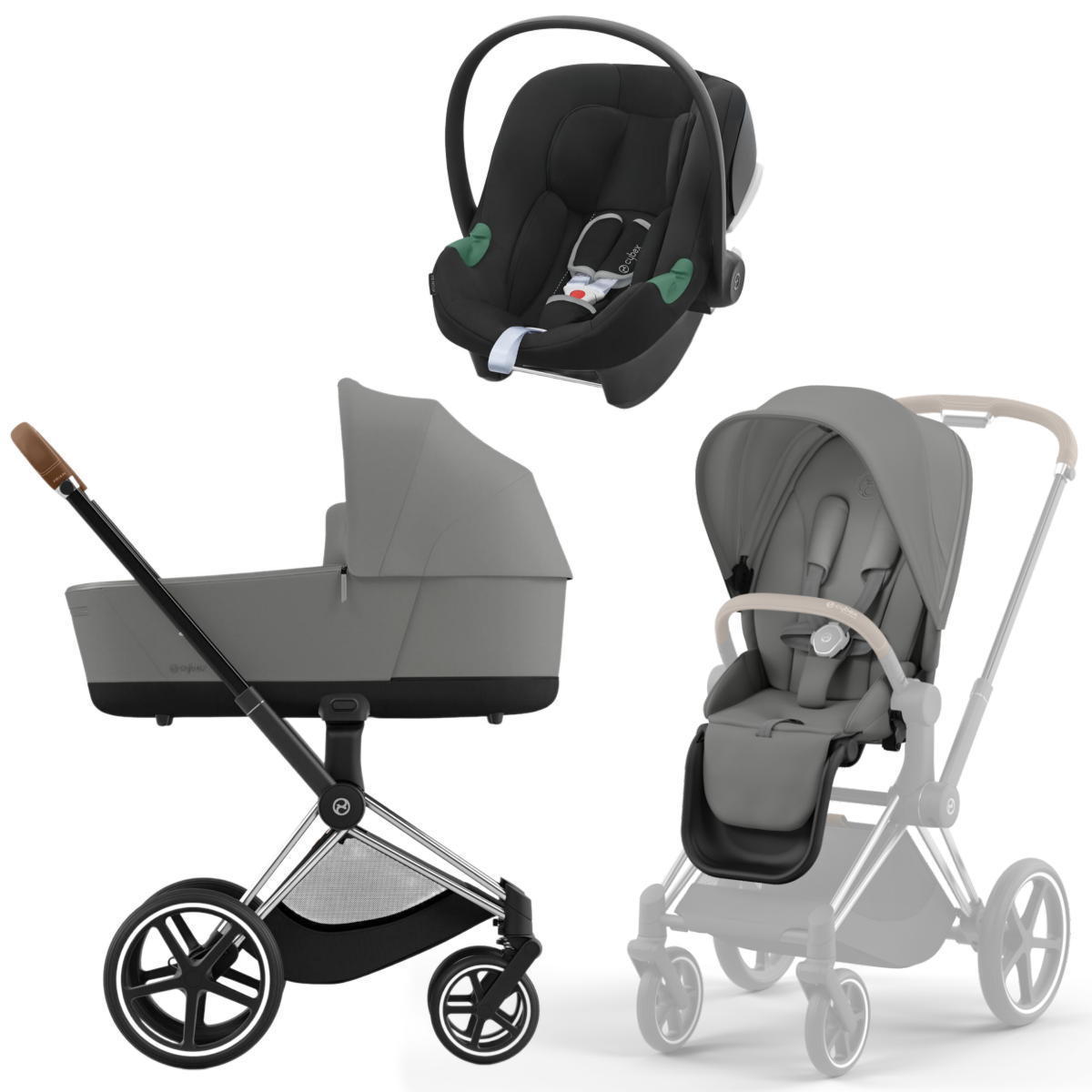 Коляска 3 в 1 Cybex Priam IV Chrome Brown Mirage Grey и автокресло Aton B2 i-Size  (Volcano Black)