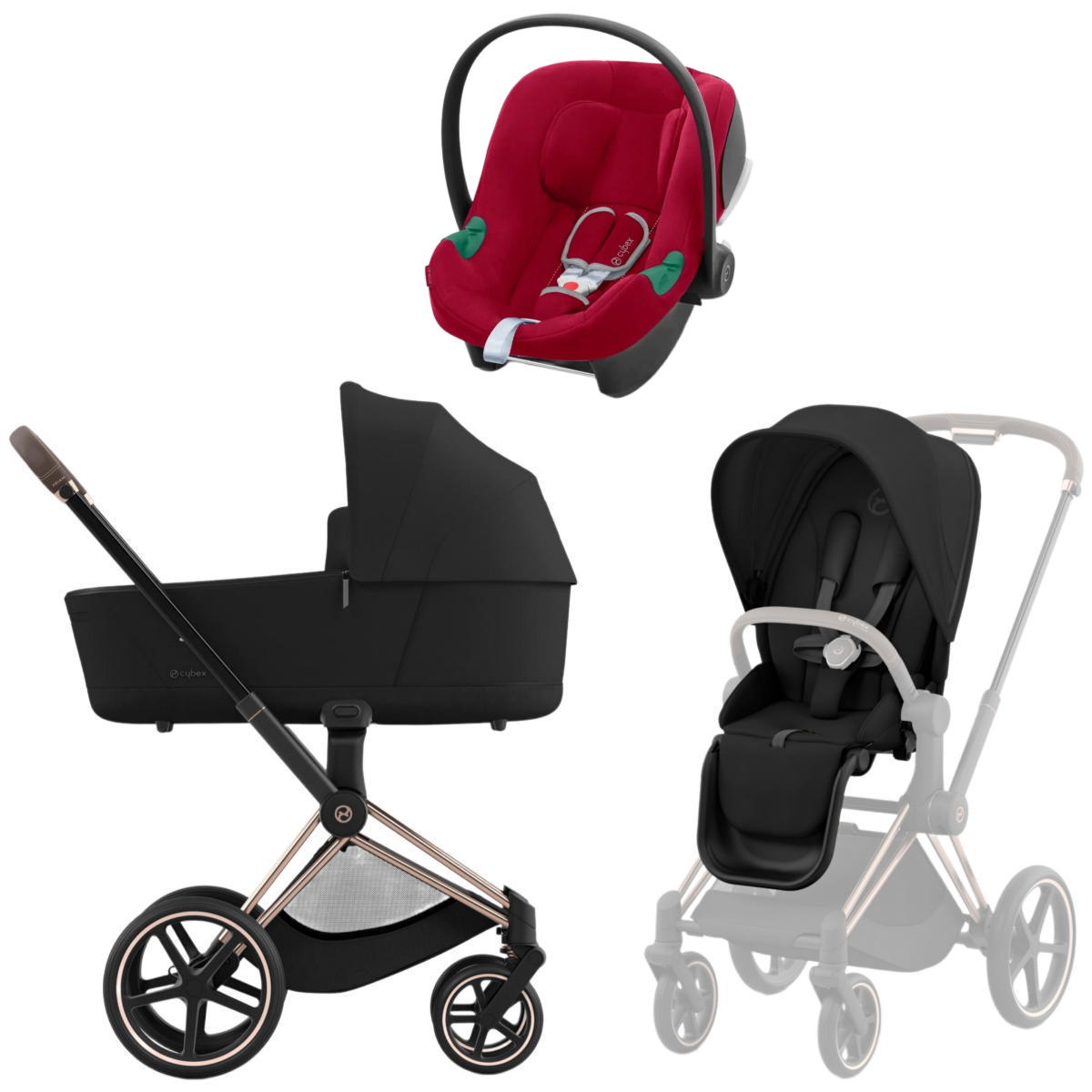 Коляска 3 в 1 Cybex Priam IV Rosegold Sepia Black и автокресло Aton B2 i-Size (Dynamic Red)