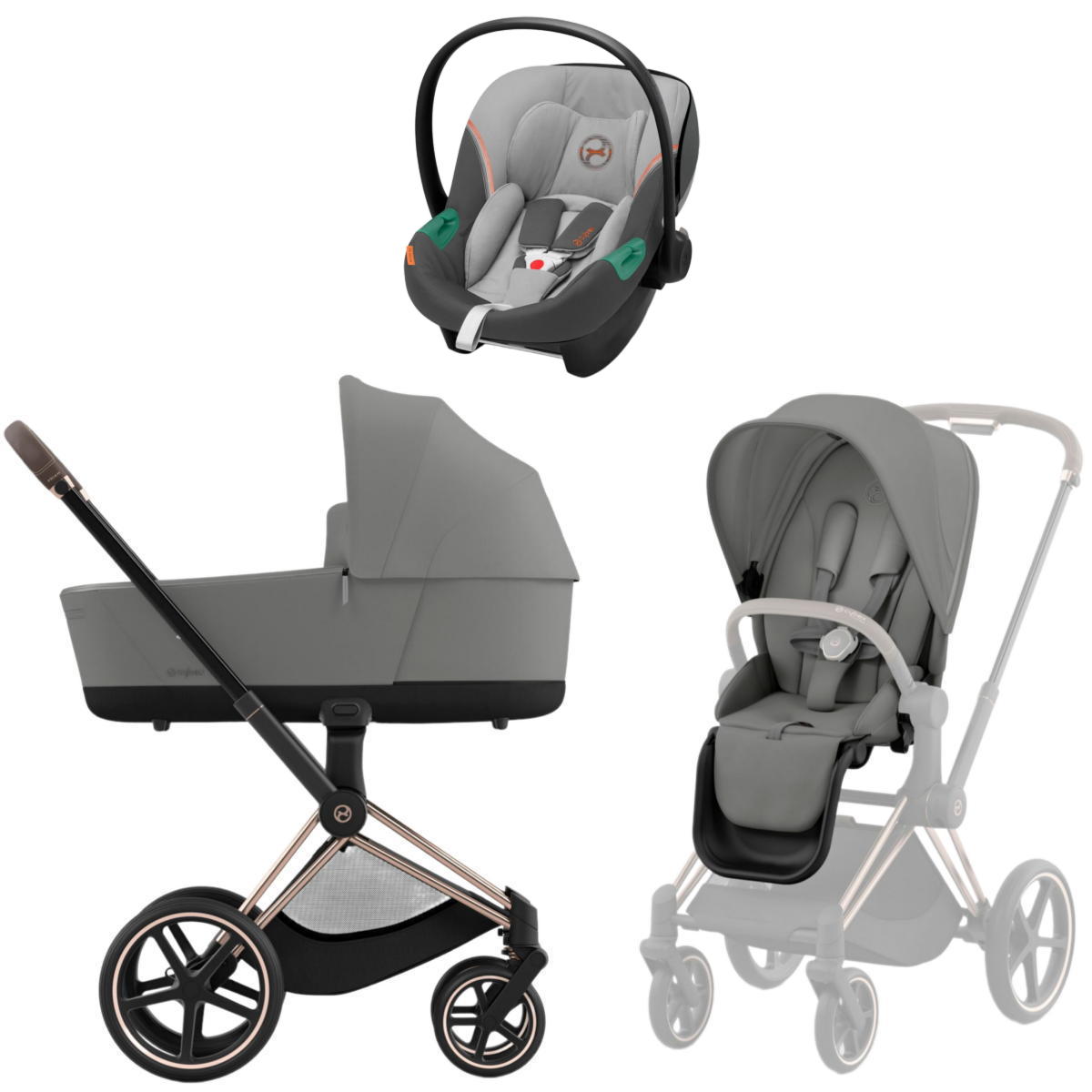 Коляска 3 в 1 Cybex Priam IV Rosegold Mirage Grey и автокресло Aton S2 i-Size (Lava Grey)