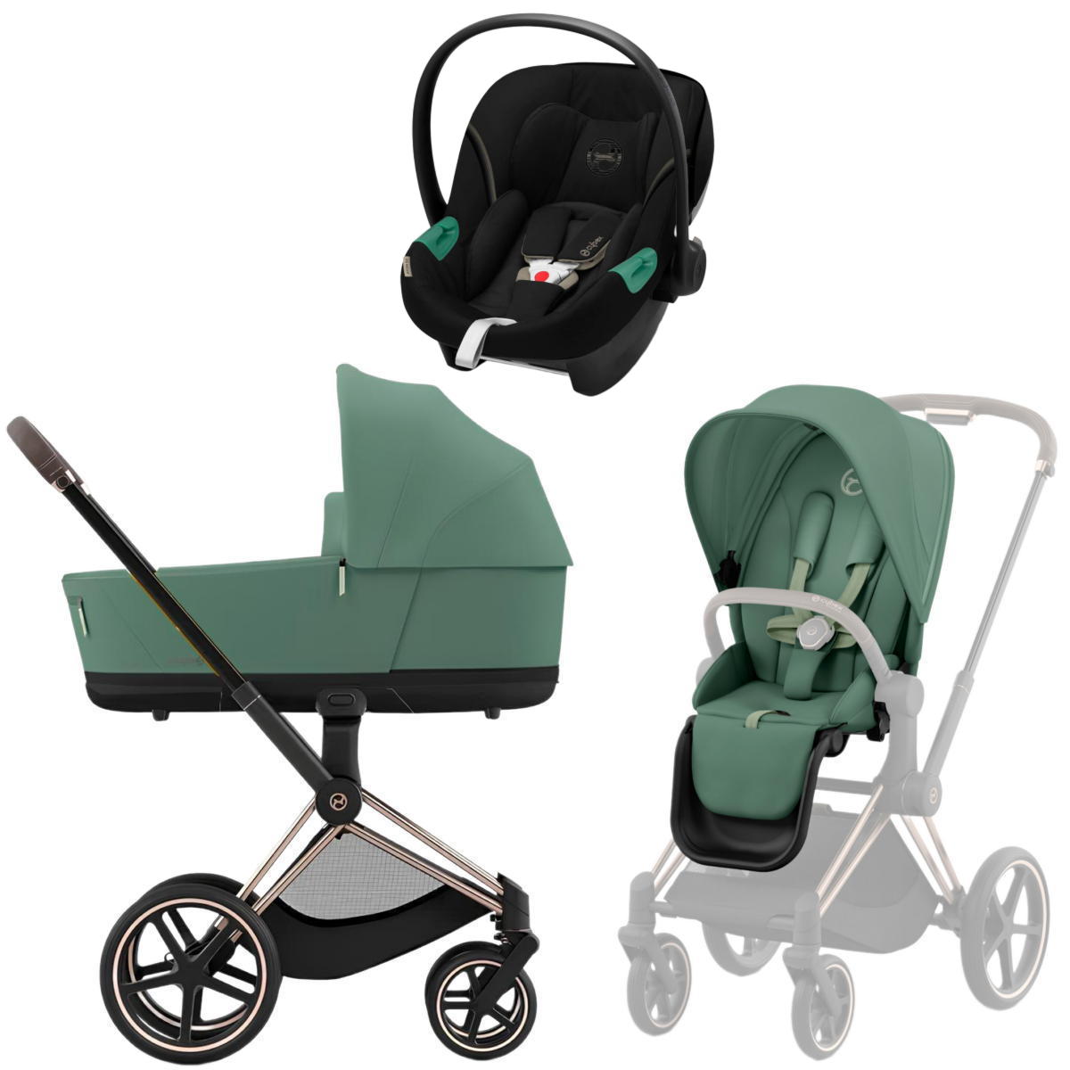 Коляска 3 в 1 Cybex Priam IV Rosegold Leaf Green и автокресло Aton S2 i-Size (Moon Black)