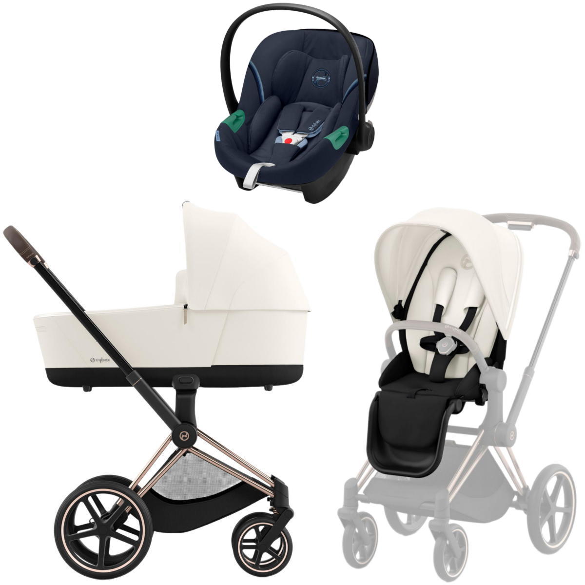 Коляска 3 в 1 Cybex Priam IV Rosegold Off White и автокресло Aton S2 i-Size (Ocean Blue)