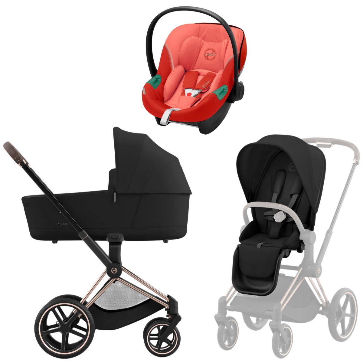 Коляска 3 в 1 Cybex Priam IV Rosegold Sepia Black и автокресло Aton S2 i-Size (Hibiscus Red)