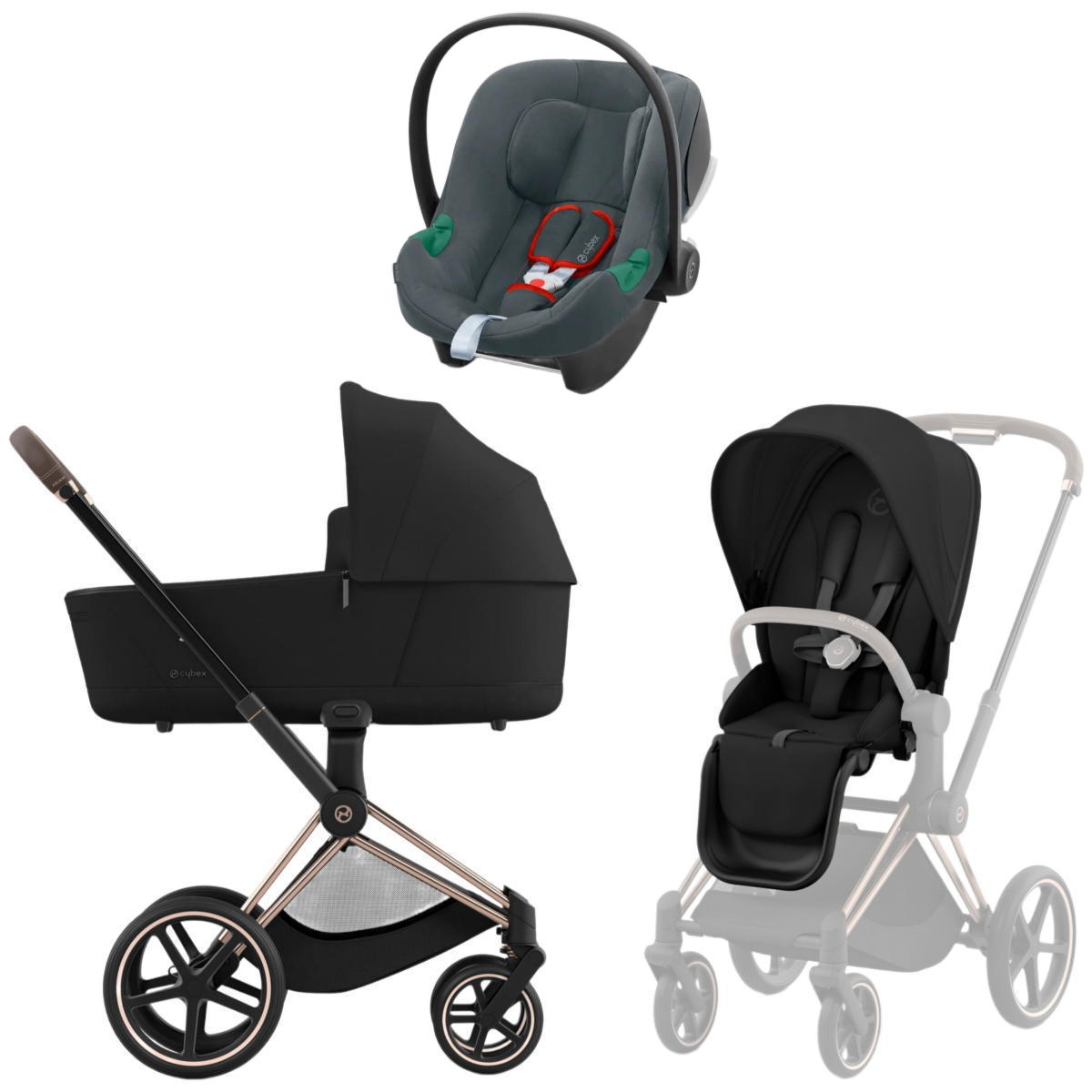 Коляска 3 в 1 Cybex Priam IV Rosegold Sepia Black и автокресло Aton B2 i-Size (Steel Grey)