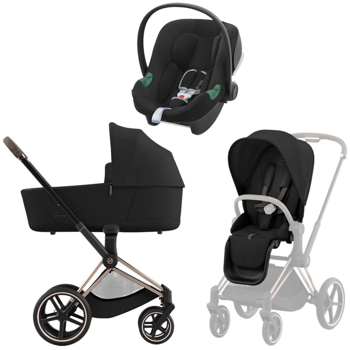 Коляска 3 в 1 Cybex Priam IV Rosegold Sepia Black и автокресло Aton B2 i-Size (Volcano Black)
