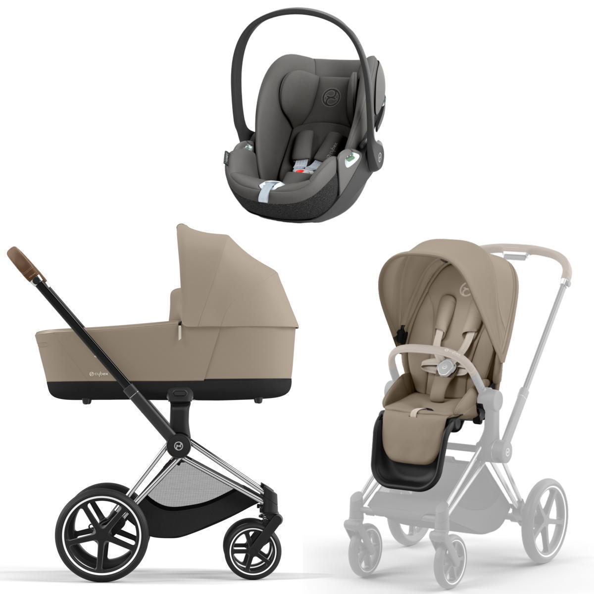 Коляска 3 в 1 Cybex Priam IV Chrome Brown Cozy Beige и автокресло Cloud T i-Size (Mirage Grey)