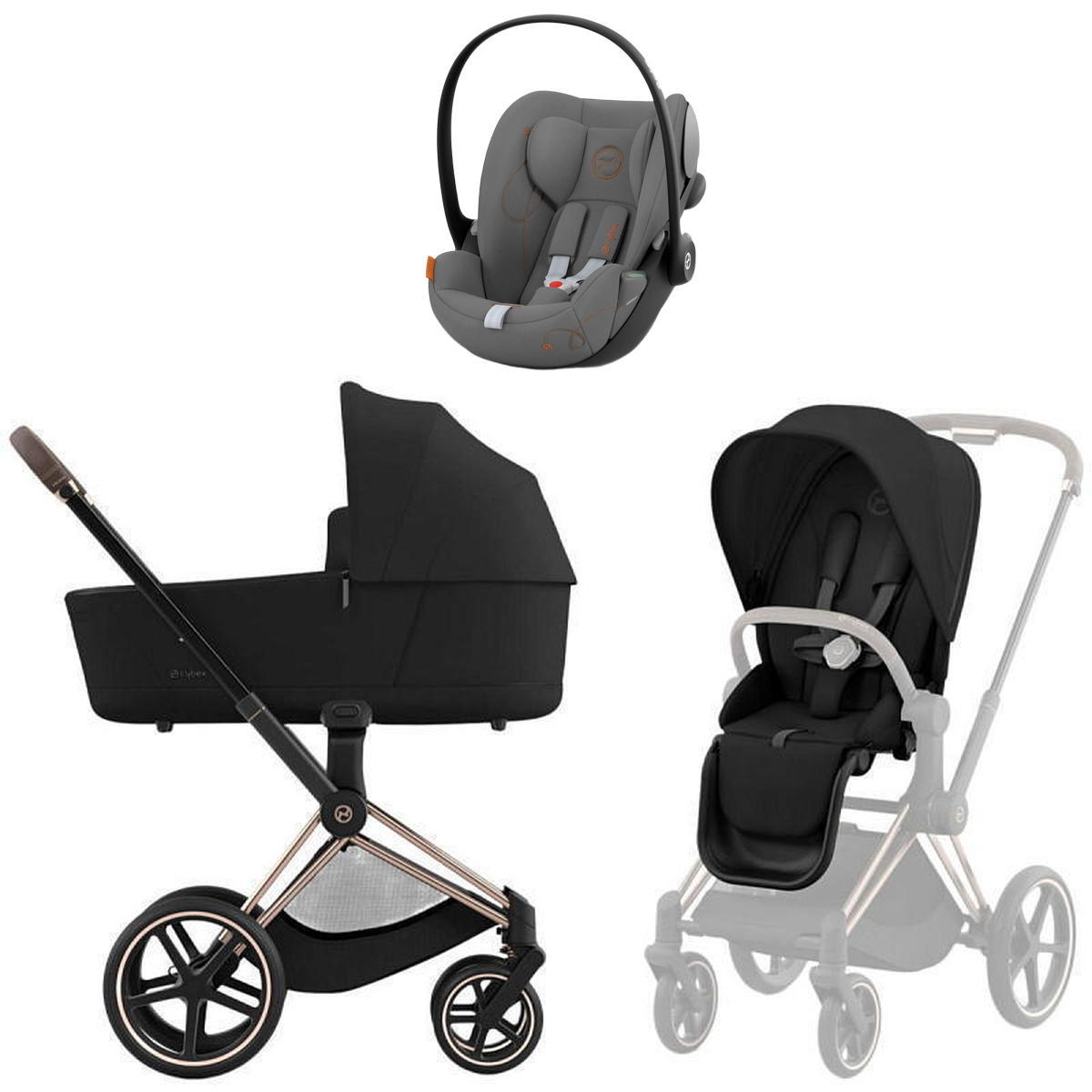 Коляска 3 в 1 Cybex Priam IV Rosegold Sepia Black и автокресло Cloud G i-Size (Lava Grey)