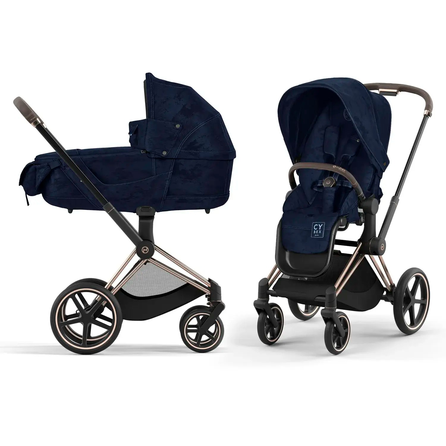 Коляска 2 в 1 Cybex Priam IV FE Rebellious (шасси Rosegold FE Rebellious Luxury Denim Blue)