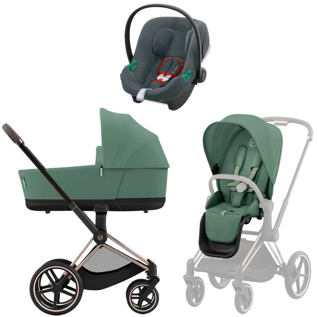 Коляска 3 в 1 Cybex Priam IV Rosegold Leaf Green и автокресло Aton B2 i-Size (Steel Grey)