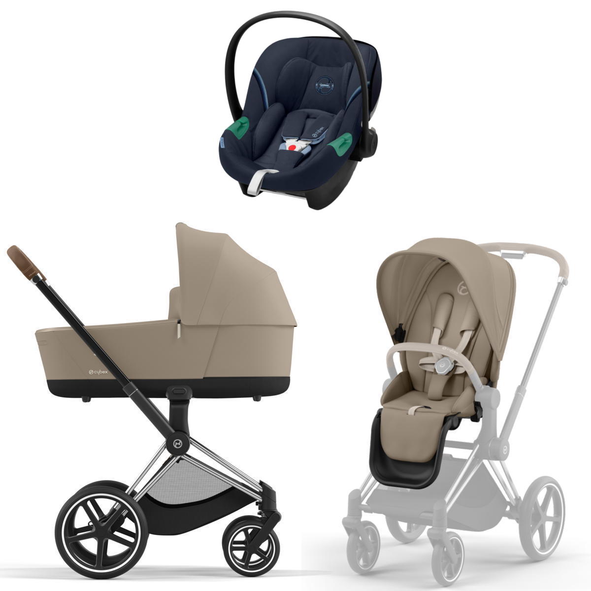 Коляска 3 в 1 Cybex Priam IV Chrome Brown Cozy Beige и автокресло Aton S2 i-Size (Ocean Blue)