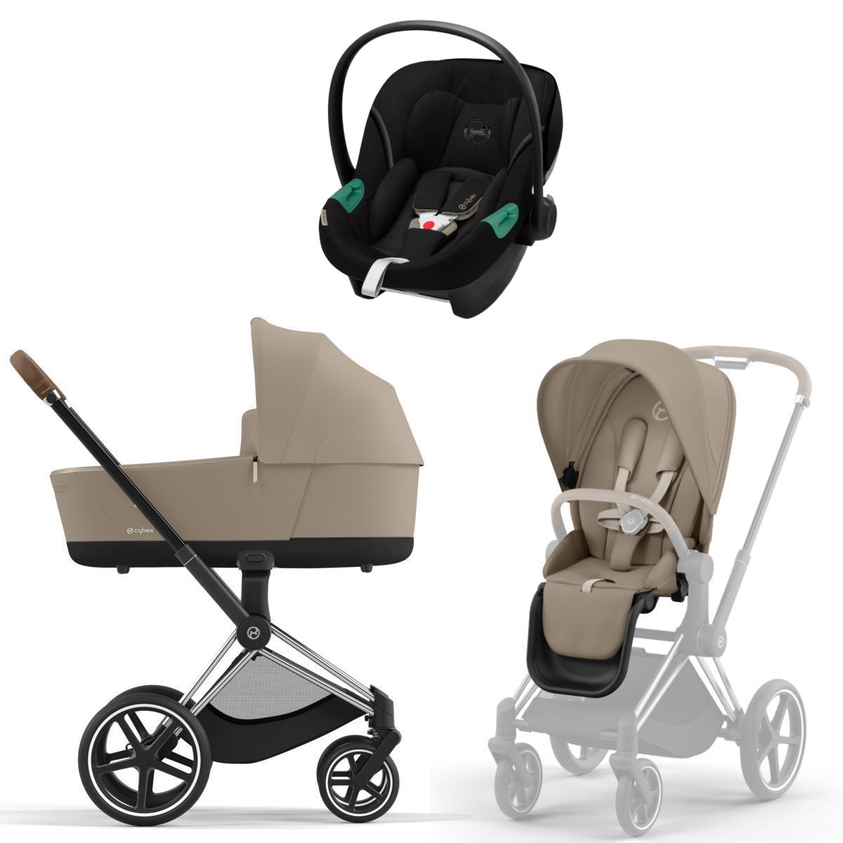 Коляска 3 в 1 Cybex Priam IV Chrome Brown Cozy Beige и автокресло Aton S2 i-Size (Moon Black)