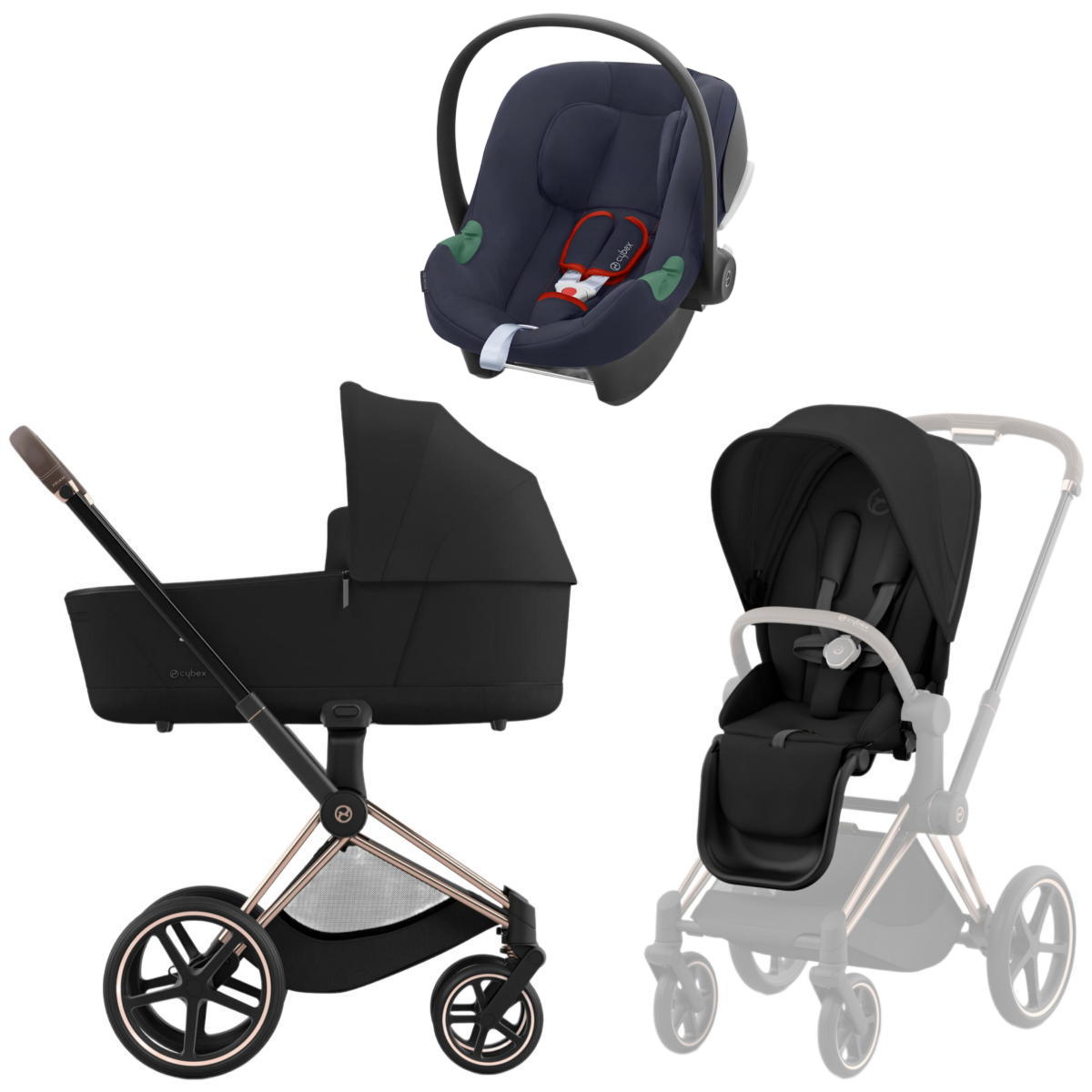 Коляска 3 в 1 Cybex Priam IV Rosegold Sepia Black и автокресло Aton B2 i-Size (Bay Blue)