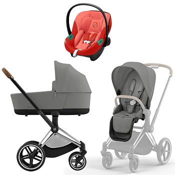 Коляска 3 в 1 Cybex Priam IV Chrome Brown Mirage Grey и автокресло Aton S2 i-Size (Hibiscus Red)