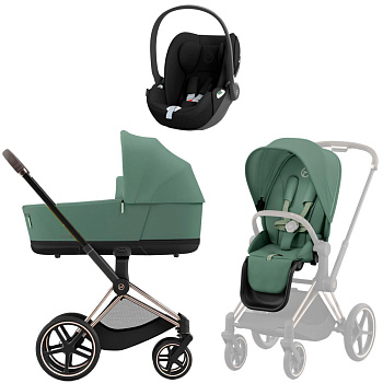 Коляска 3 в 1 Cybex Priam IV Rosegold Leaf Green и автокресло Cloud T i-Size (Sepia Black)