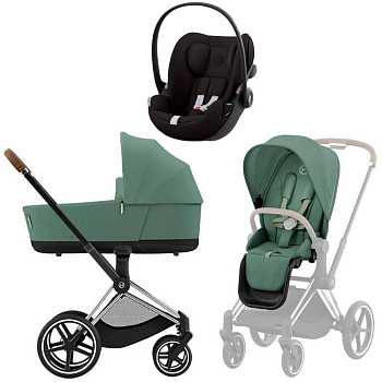 Коляска 3 в 1 Cybex Priam IV Chrome Brown Leaf Green и автокресло Cloud G i-Size (Moon Black)