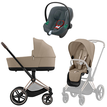 Коляска 3 в 1 Cybex Priam IV Rosegold Cozy Beige и автокресло Aton B2 i-Size (Steel Grey)