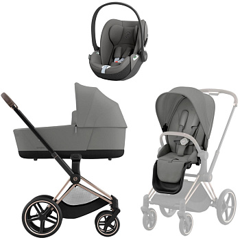 Коляска 3 в 1 Cybex Priam IV Rosegold Mirage Grey и автокресло Cloud T i-Size (Mirage Grey)