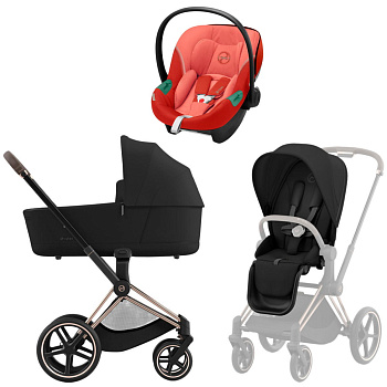 Коляска 3 в 1 Cybex Priam IV Rosegold Sepia Black и автокресло Aton S2 i-Size (Hibiscus Red)