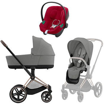 Коляска 3 в 1 Cybex Priam IV Rosegold Mirage Grey и автокресло Aton B2 i-Size (Dynamic Red)