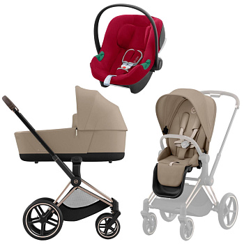 Коляска 3 в 1 Cybex Priam IV Rosegold Cozy Beige и автокресло Aton B2 i-Size (Dynamic Red)