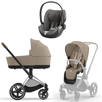Коляска 3 в 1 Cybex Priam IV Chrome Brown Cozy Beige и автокресло Cloud T i-Size (Mirage Grey)