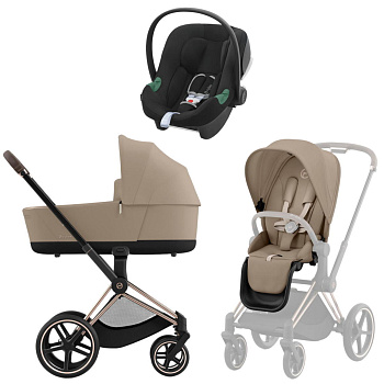 Коляска 3 в 1 Cybex Priam IV Rosegold Cozy Beige и автокресло Aton B2 i-Size (Volcano Black)
