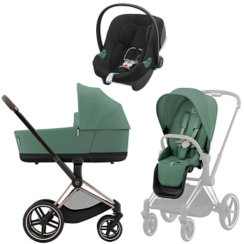 Коляска 3 в 1 Cybex Priam IV Rosegold Leaf Green и автокресло Aton B2 i-Size (Volcano Black)
