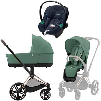 Коляска 3 в 1 Cybex Priam IV Rosegold Leaf Green и автокресло Aton S2 i-Size (Ocean Blue)