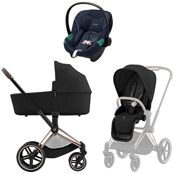 Коляска 3 в 1 Cybex Priam IV Rosegold Sepia Black и автокресло Aton S2 i-Size (Ocean Blue)