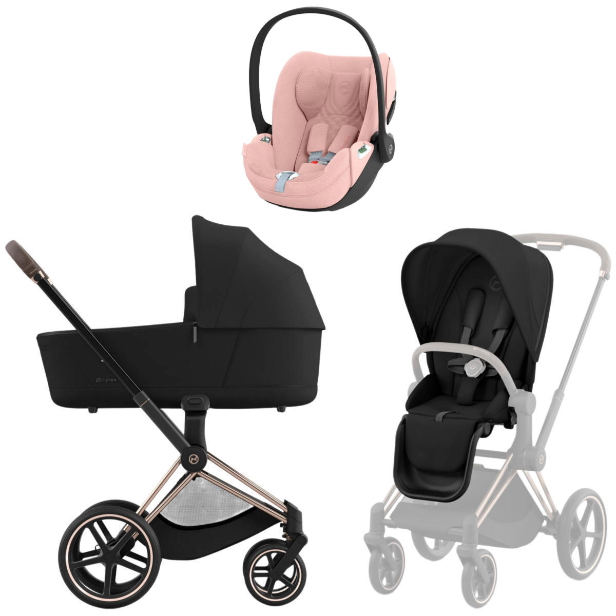 Коляска 3 в 1 Cybex Priam IV Rosegold Sepia Black и автокресло Cloud T i-Size (Peach Pink Plus)