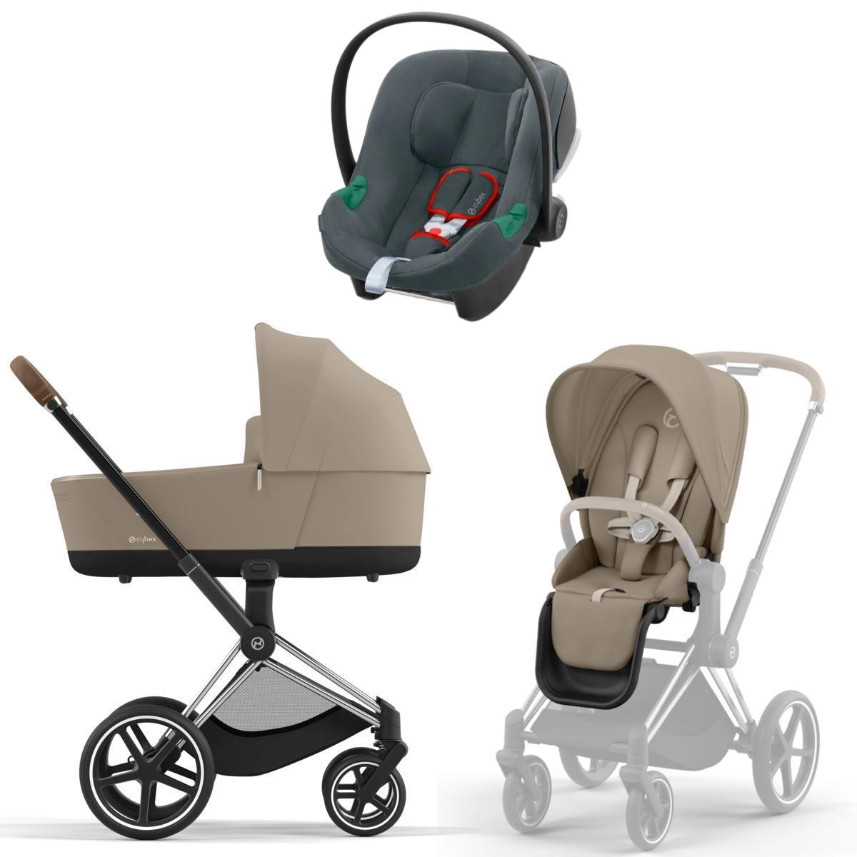 Коляска 3 в 1 Cybex Priam IV Chrome Brown Cozy Beige и автокресло Aton B2 i-Size  (Steel Grey)