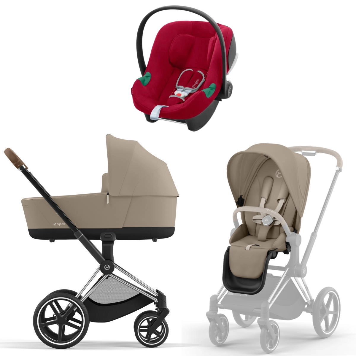 Коляска 3 в 1 Cybex Priam IV Chrome Brown Cozy Beige и автокресло Aton B2 i-Size  (Dynamic Red)