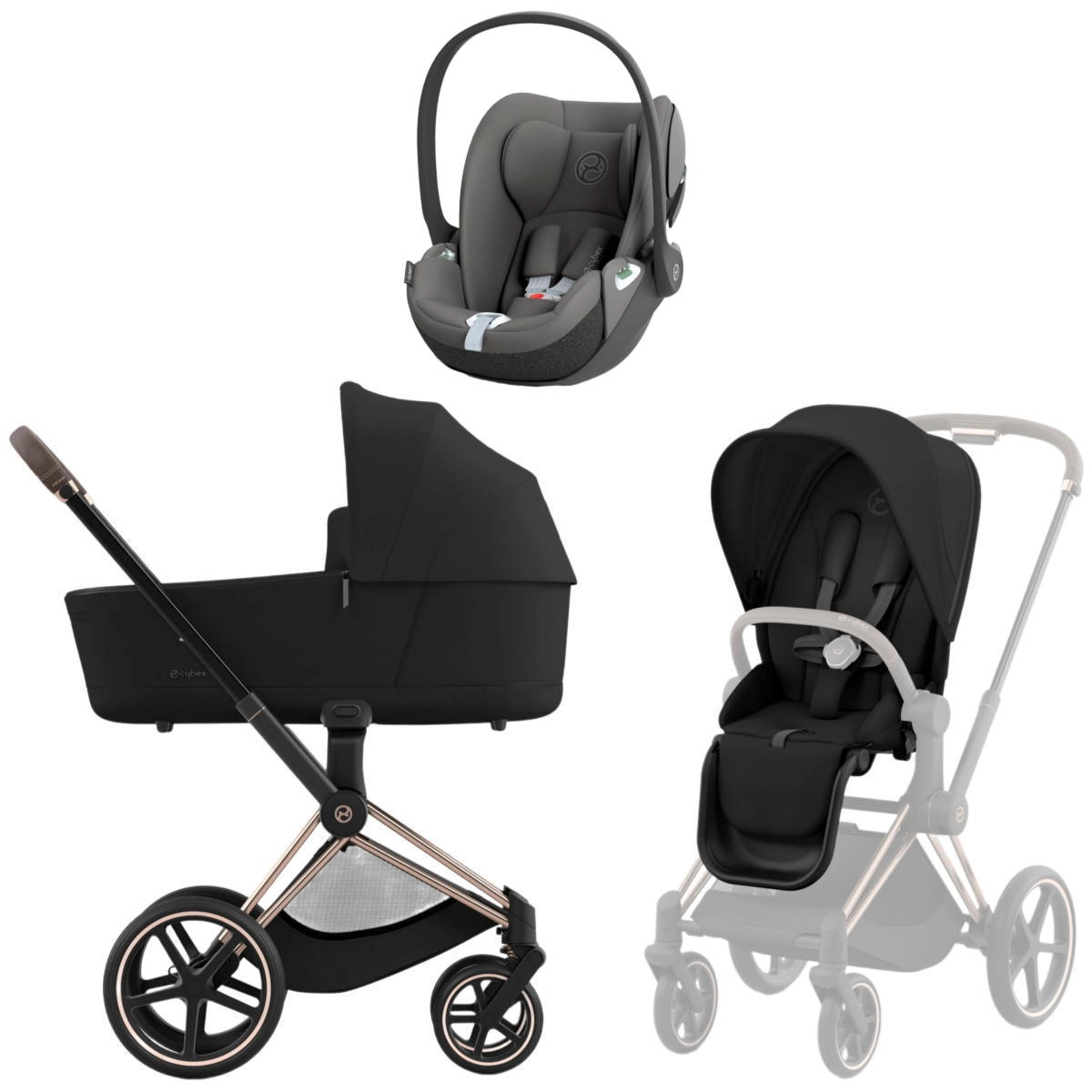 Коляска 3 в 1 Cybex Priam IV Rosegold Sepia Black и автокресло Cloud T i-Size (Mirage Grey)