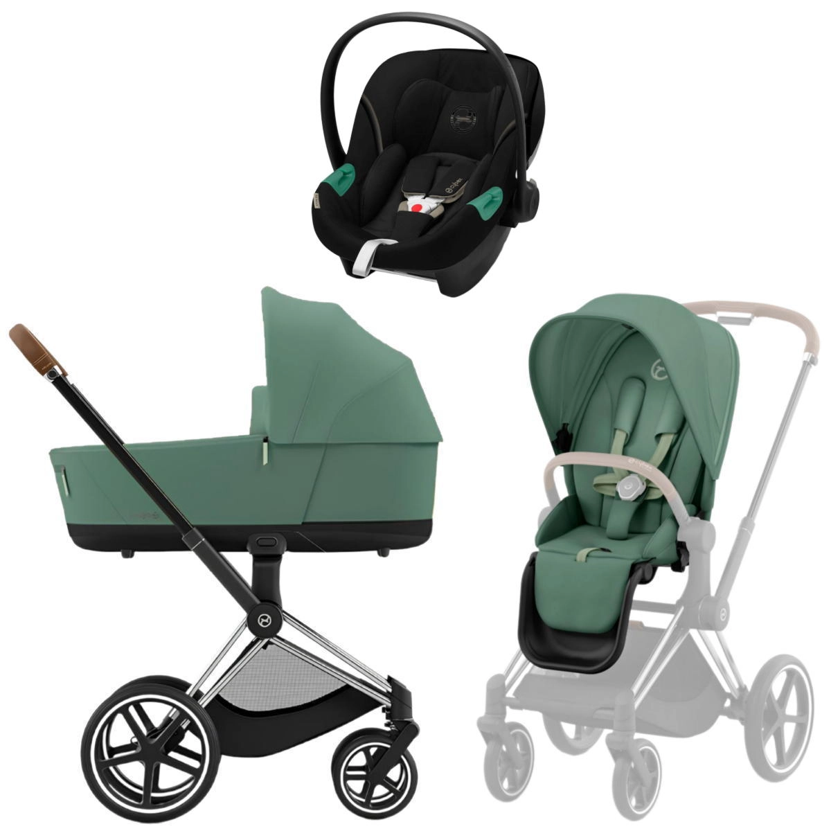 Коляска 3 в 1 Cybex Priam IV Chrome Brown Leaf Green и автокресло Aton S2 i-Size (Moon Black)