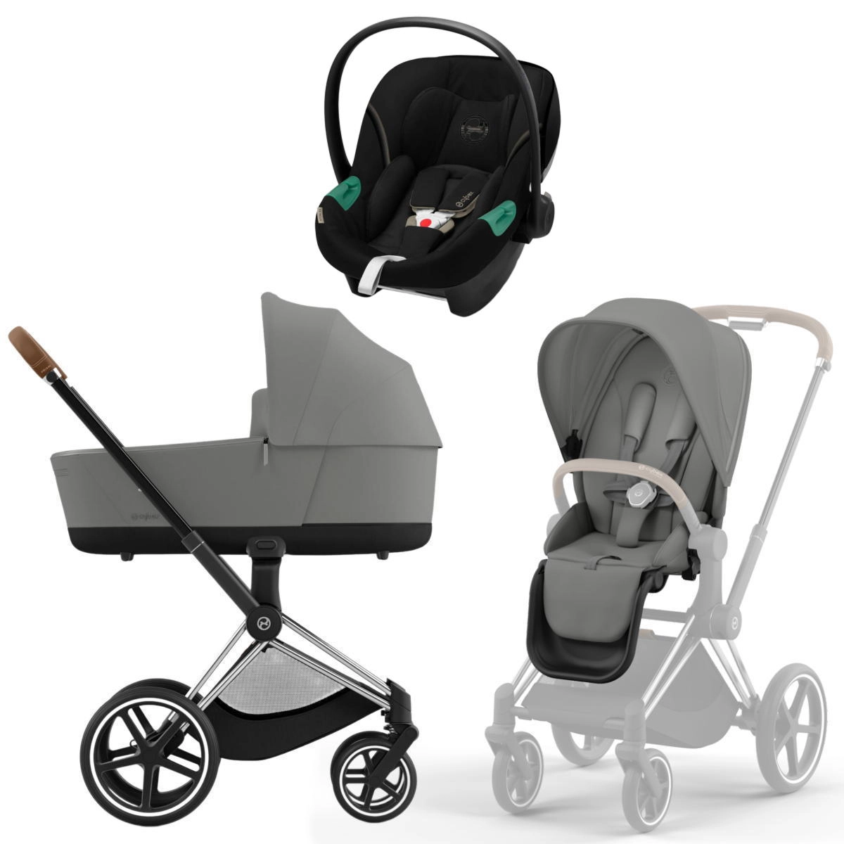 Коляска 3 в 1 Cybex Priam IV Chrome Brown Mirage Grey и автокресло Aton S2 i-Size (Moon Black)