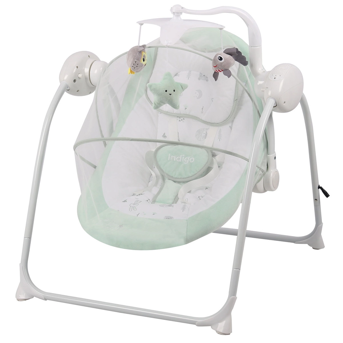 Электрокачели Indigo STAR (0-9 кг), с адаптером, п/у, 12 мел.,5 скоростей,москитка Мятный ef73fr2qiypogp6onh9guu40n5mq2ol2