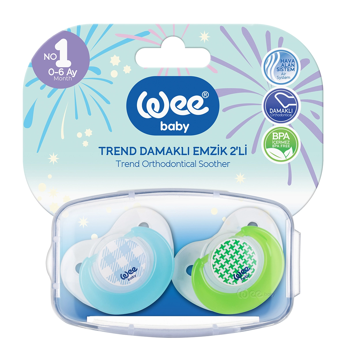 Набор ортодонтических сосок-пустышек WeeBaby TREND, 2 шт.в контейнере, с рождения голубой,зеленый 108126195-nabor-ortodonticheskih-sosok-pustishek-wee