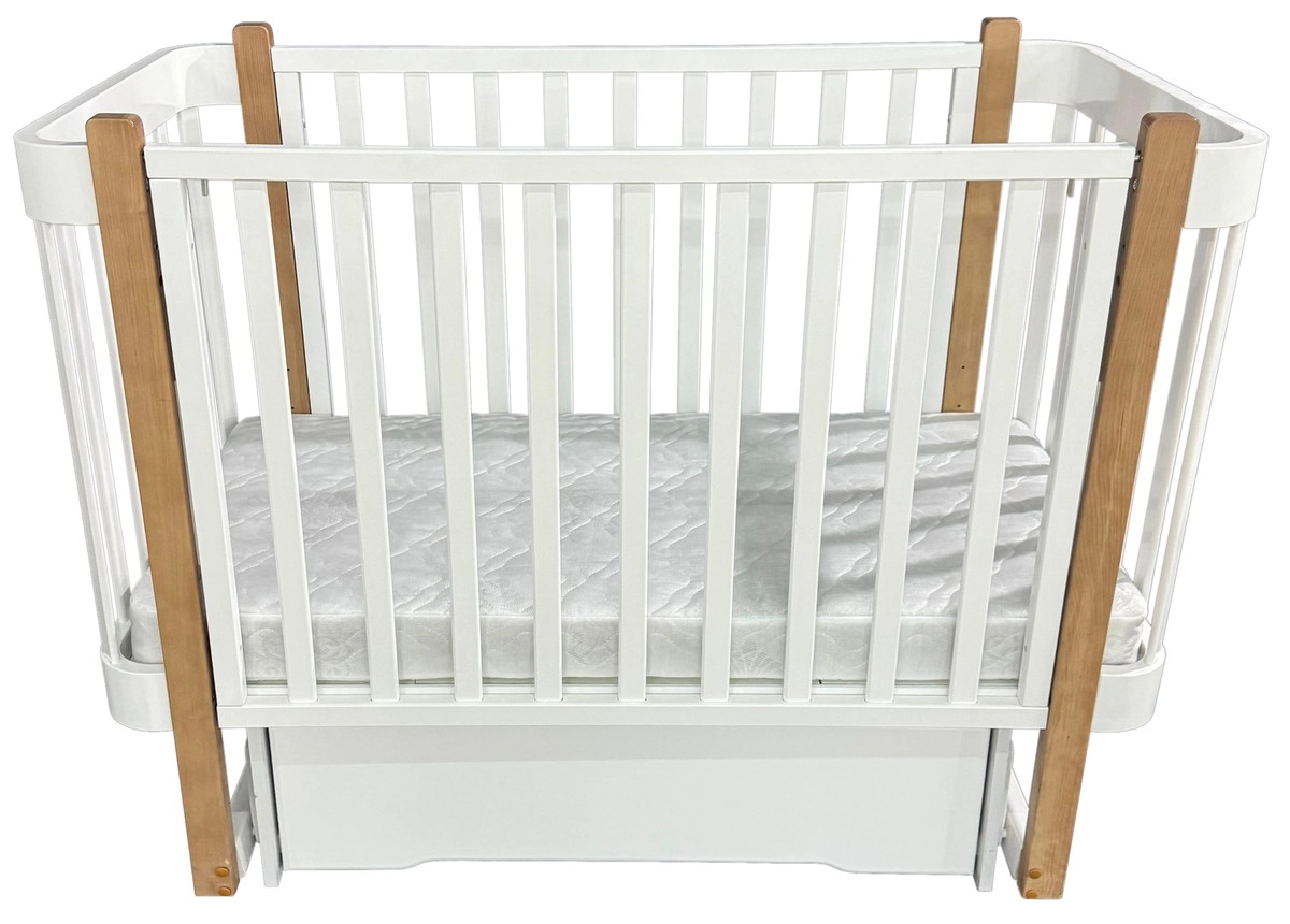 Детская кроватка КЕДР Florencia с ящиком поперечный маятник (Белый/Бук)
