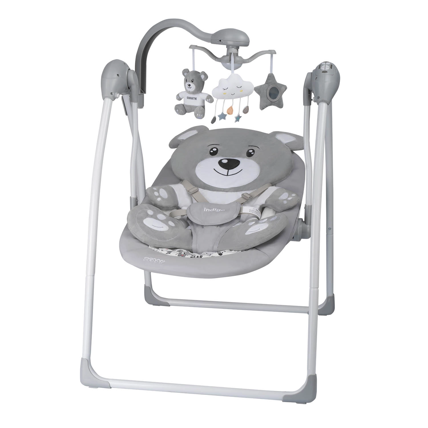 Электрокачели Indigo TEDDY (0-9 кг), с адаптером, п/у, 12 мел., 5 скоростей, москитка Серый d6f3f55675a31c074dfc54fb44412989