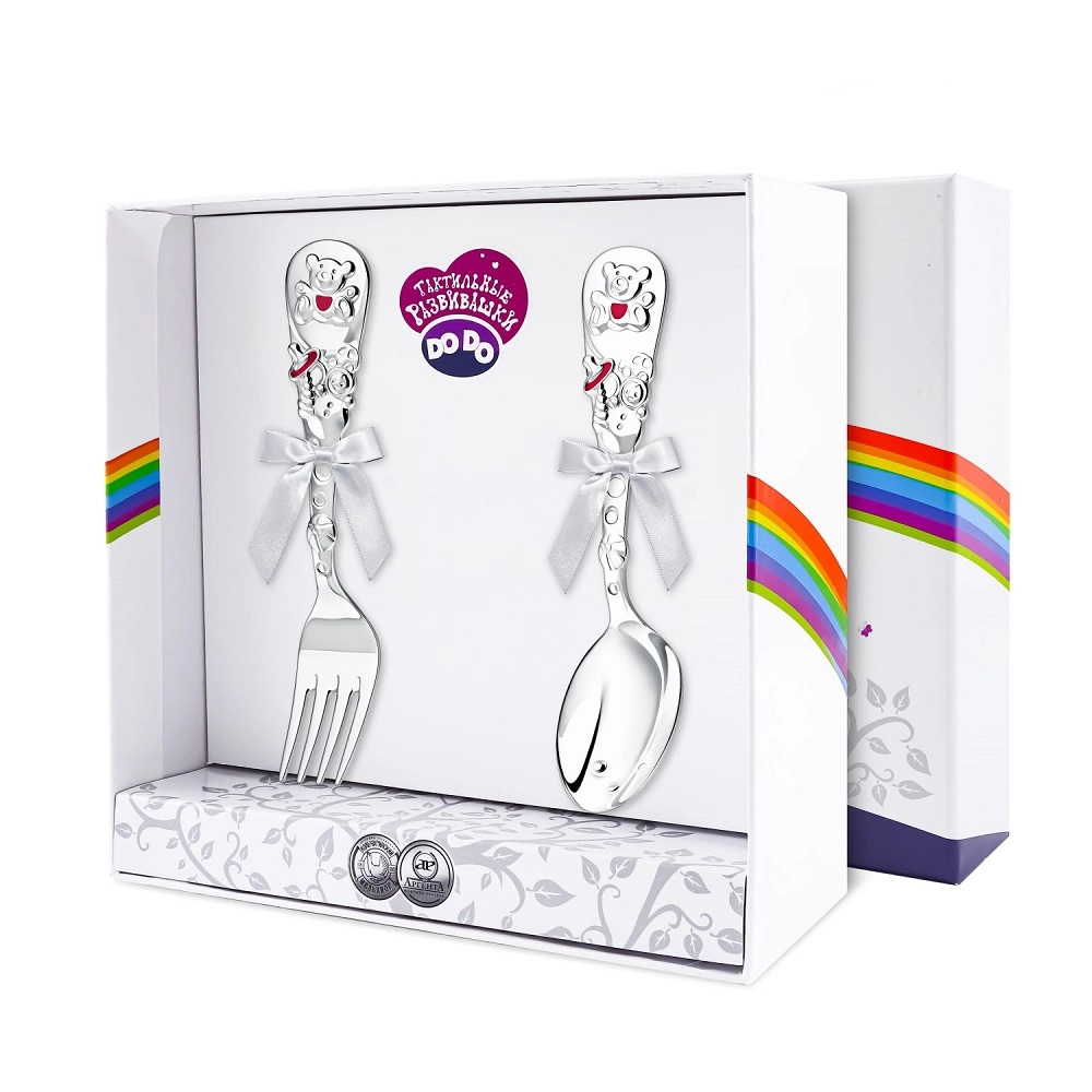 Набор детский Кольчугинский мельхиор (л+в) посеребренный 2пр. Мишка розовый + футляр 108129456-nabor-detskii-kolchuginskii-melhior-lv-poserebrennii-2p