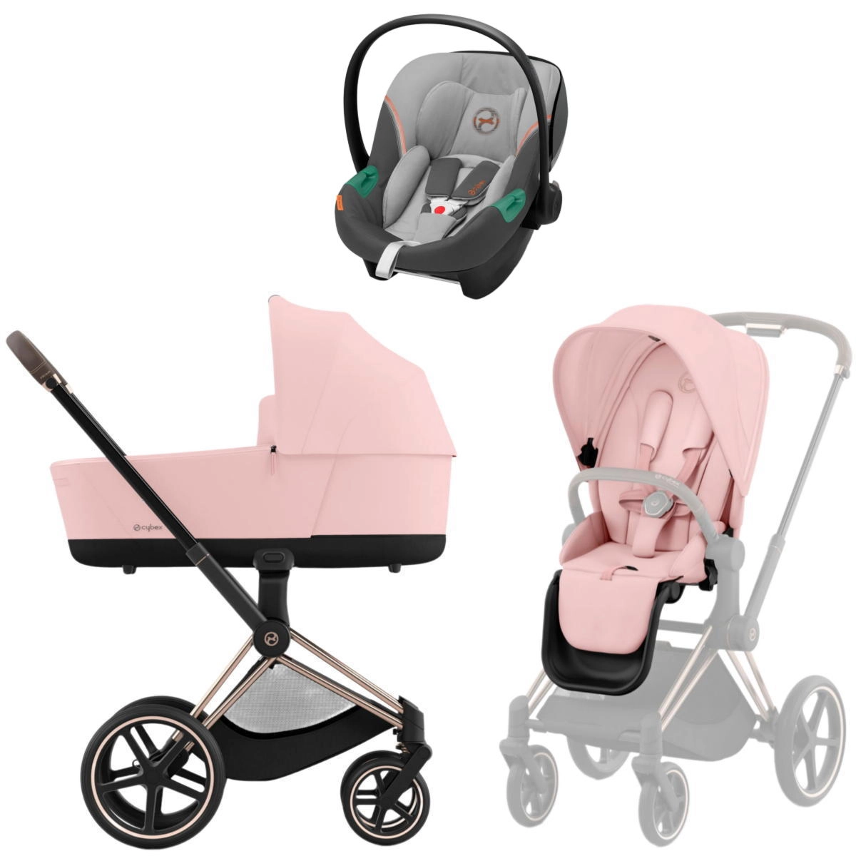 Коляска 3 в 1 Cybex Priam IV Rosegold Peach Pink и автокресло Aton S2 i-Size (Lava Grey)