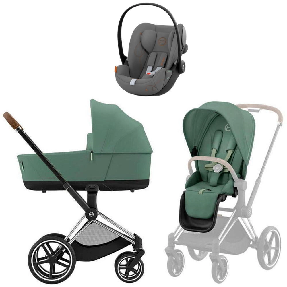 Коляска 3 в 1 Cybex Priam IV Chrome Brown Leaf Green и автокресло Cloud G i-Size (Lava Grey)