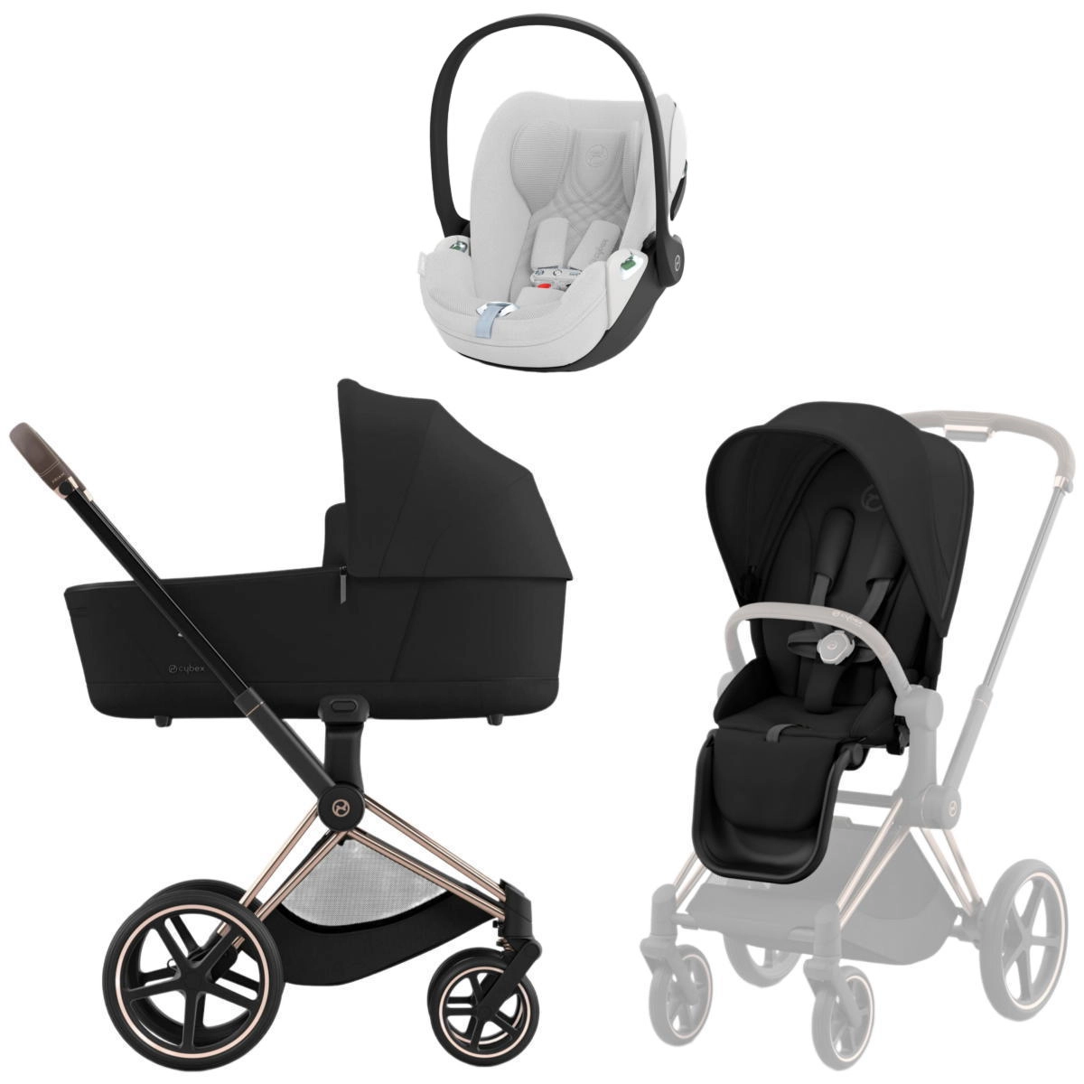 Коляска 3 в 1 Cybex Priam IV Rosegold Sepia Black и автокресло Cloud T i-Size (Platinum White Plus)
