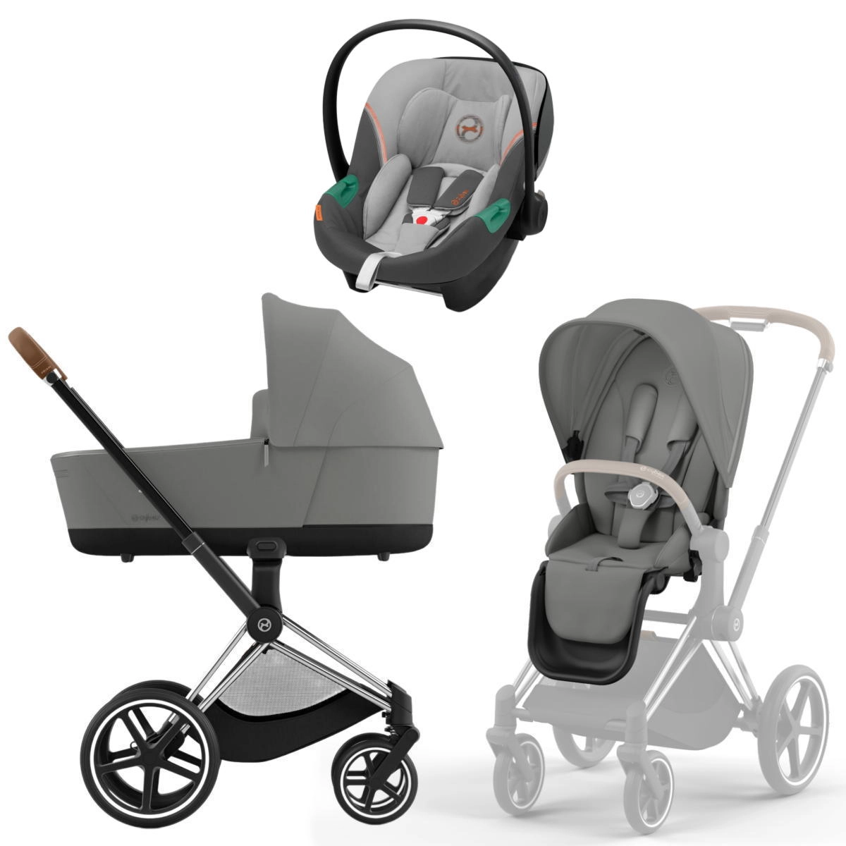 Коляска 3 в 1 Cybex Priam IV Chrome Brown Mirage Grey и автокресло Aton S2 i-Size (Lava Grey)