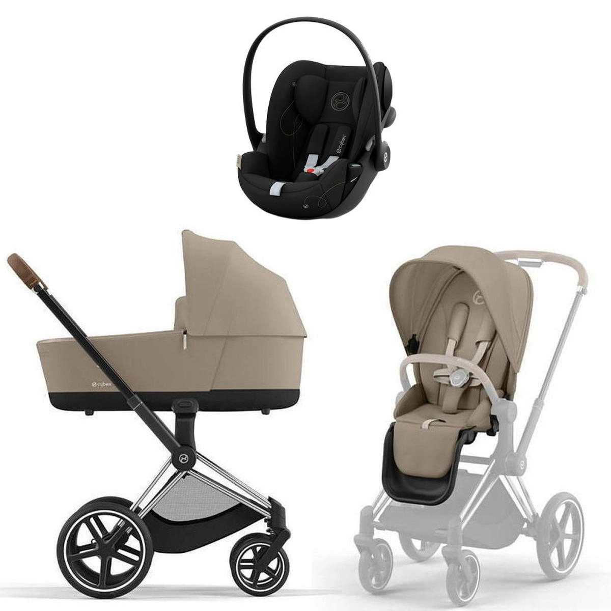 Коляска 3 в 1 Cybex Priam IV Chrome Brown Cozy Beige и автокресло Cloud G i-Size (Moon Black)