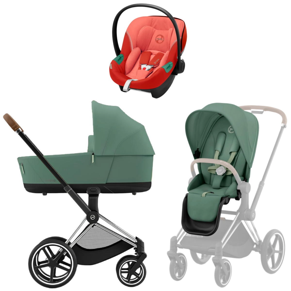 Коляска 3 в 1 Cybex Priam IV Chrome Brown Leaf Green и автокресло Aton S2 i-Size (Hibiscus Red)