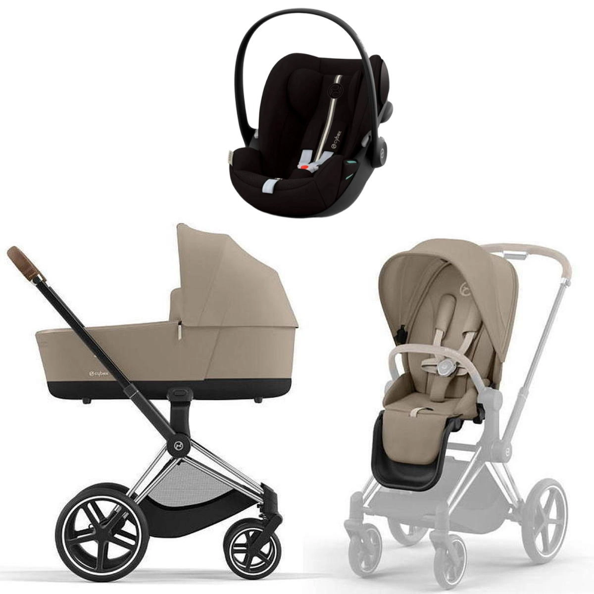 Коляска 3 в 1 Cybex Priam IV Chrome Brown Cozy Beige и автокресло Cloud G i-Size (Moon Black Plus)