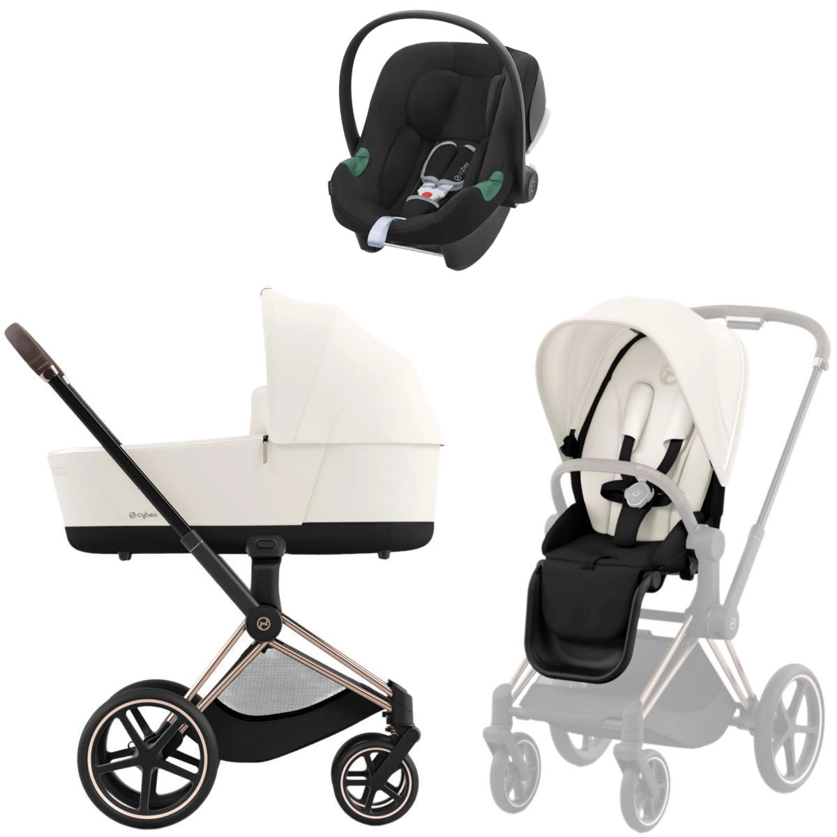 Коляска 3 в 1 Cybex Priam IV Rosegold Off White и автокресло Aton B2 i-Size (Volcano Black)